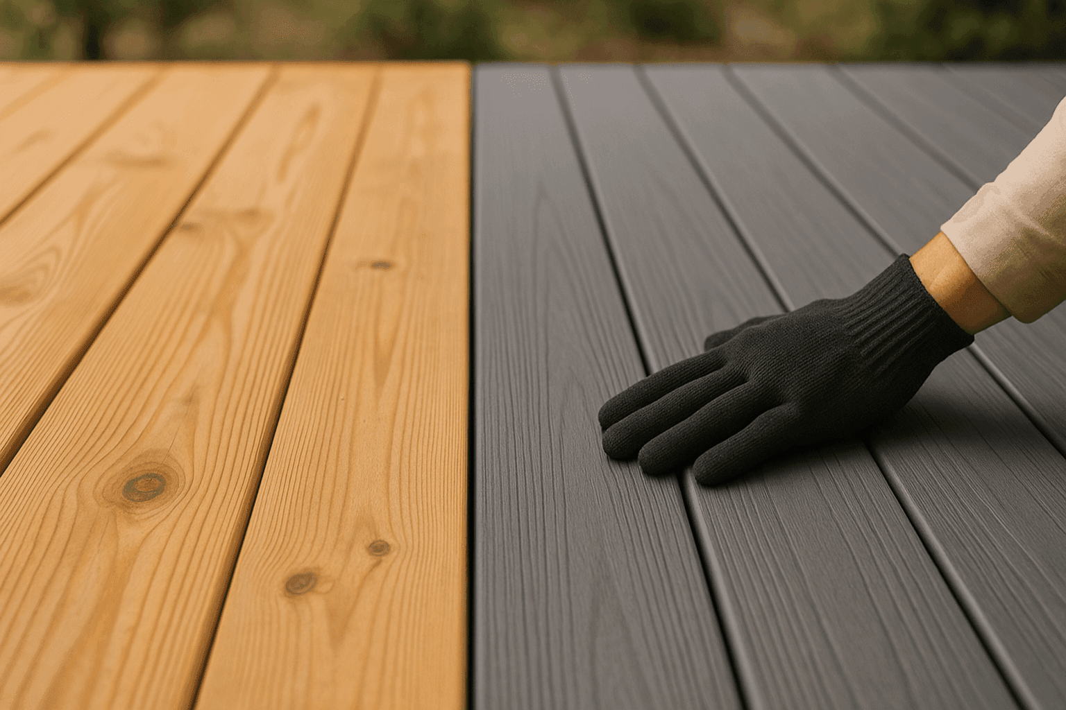 Primer plano de tablas de terraza de madera y compuestas lado a lado