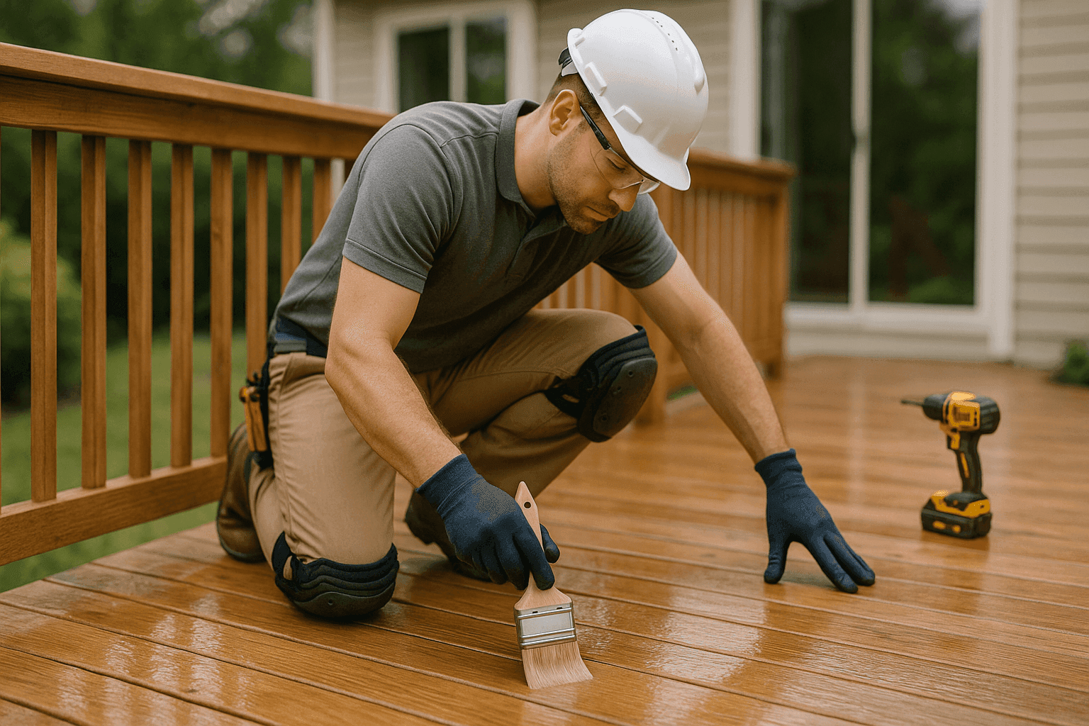 Technician weatherproofing a residential deck before a storm